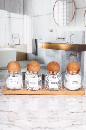 4'lü Ahşap Top Kapaklı Standlı Vakumlu Bambu Kapaklı Cam Kavanoz Banyo Pamuk Kavanoz Seti 300 ml