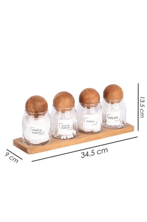 4'lü Ahşap Top Kapaklı Standlı Vakumlu Bambu Kapaklı Cam Kavanoz Banyo Pamuk Kavanoz Seti 300 ml