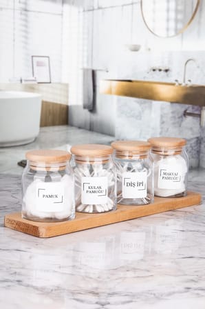 4'lü Ahşap Stantlı Vakumlu Bambu Kapaklı Cam Kavanoz Banyo Pamuk Kavanoz Seti 300 ml