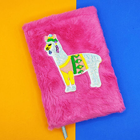 Peluş Pullu Not Defteri (20X13 cm) , 60 Yaprak, Tüylü Lama - Pembe