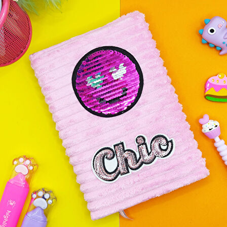 Peluş Pullu Not Defteri (20X13 cm) , 60 Yaprak, Kalpli Gülenyüz - Pudra