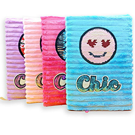 Peluş Pullu Not Defteri (20X13 cm) , 60 Yaprak, Kalpli Gülenyüz - Pudra