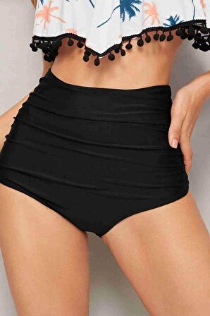 Angelsin Önden Büzgülü Yüksek Bel Bikini Altı Siyah