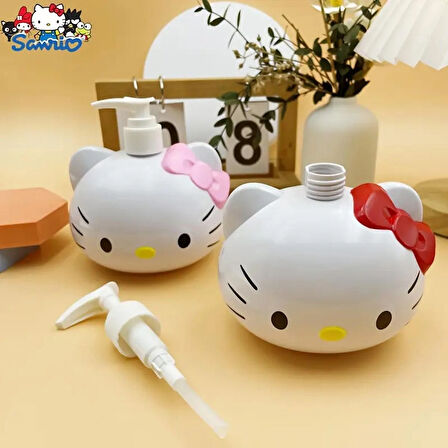 Hello Kitty figürlü sıvı sabunluk basınçlı losyon şişesi kırmızı fiyonklu model