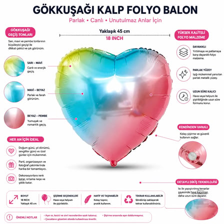Rainbow Kalp Folyo Balon 18 İnç Doğum Günü Parti Süsü Dekorasyon Balonu Helyumlu