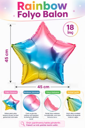 Folyo Balon Yıldız Rainbow 18 İnç 45 cm Renkli Doğum Günü Parti Kutlama Süsleme Dekor Balonu