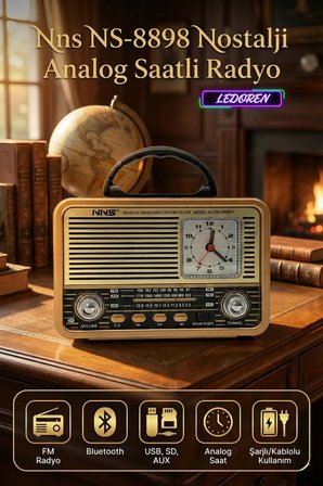 NS-8898BT Nostaljik Radyo Analog Saatli FM Radyo Bluetooth Hoparlör USB TF AUX MP3 Çalarlı