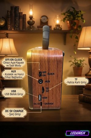 NS-8898BT Nostaljik Radyo Analog Saatli FM Radyo Bluetooth Hoparlör USB TF AUX MP3 Çalarlı