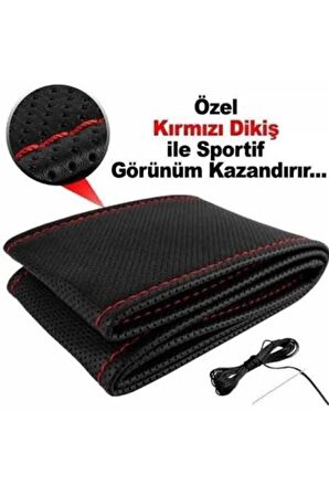 Universal Oto Dikmeli Direksiyon Kılıfı Noktalı Kırmızı Ipli 37-39cm Çap-10cm
