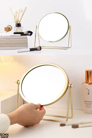 Altın Renk Ayarlanabilir Metal Ayaklı Masa Üstü Makyaj Aynası - 360° Döner, Şık Dekoratif Tasarım