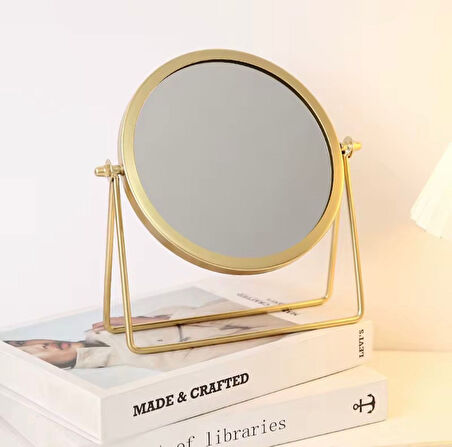 Altın Renk Ayarlanabilir Metal Ayaklı Masa Üstü Makyaj Aynası - 360° Döner, Şık Dekoratif Tasarım