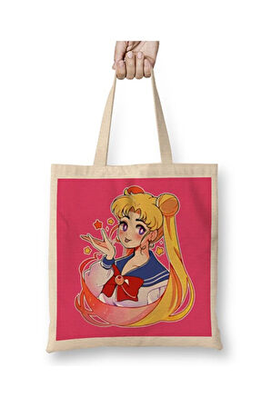 Sailor Moon Usagi Bez Çanta Uzun Saplı Alışveriş Çantası Plaj Çantası