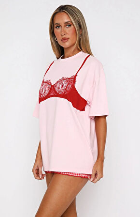 Dantel Bralet Baskılı Pembe Oversize  %100 Pamuk Kadın T-shirt
