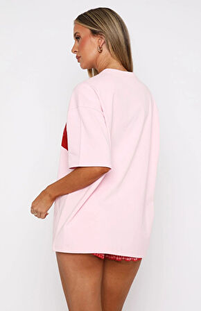 Dantel Bralet Baskılı Pembe Oversize  %100 Pamuk Kadın T-shirt