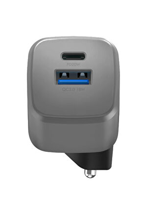 AmpCharge GaN20 20W Type-C ve 18W USB 3.0 Çıkışlı Hızlı Şarj Aleti - Koyu Gri