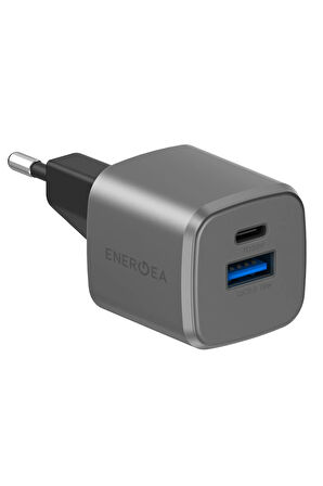 AmpCharge GaN20 20W Type-C ve 18W USB 3.0 Çıkışlı Hızlı Şarj Aleti - Koyu Gri