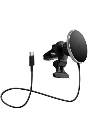 MagDrive 2in1 Izgara Klipsli ve Vantuzlu 15W Kablosuz Şarjlı Manyetik Magsafe Araç Tutucu - Siyah