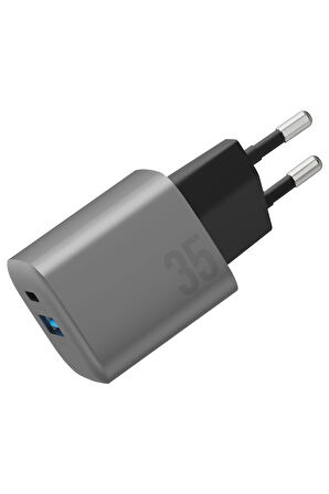 AmpCharge GaN35 35W Type-C ve 30W USB 3.0 Çıkışlı Hızlı Şarj Aleti - Koyu Gri