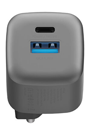 AmpCharge GaN35 35W Type-C ve 30W USB 3.0 Çıkışlı Hızlı Şarj Aleti - Koyu Gri