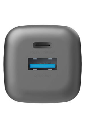 AmpCharge GaN35 35W Type-C ve 30W USB 3.0 Çıkışlı Hızlı Şarj Aleti - Koyu Gri