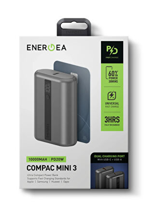 ComPac Mini 3 10.000 mAh Dijital Gösterge 20W Type-C ve 18W USB PD Hızlı Şarj Powerbank - Koyu Gri