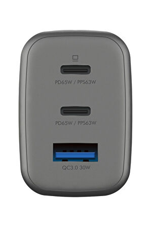 AmpCharge GaN65 2 Adet 65W Type-C ve 30W USB 3.0 Çıkışlı Hızlı Şarj Aleti - Koyu Gri