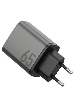 AmpCharge GaN65 2 Adet 65W Type-C ve 30W USB 3.0 Çıkışlı Hızlı Şarj Aleti - Koyu Gri