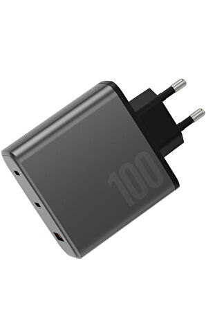 AmpCharge GaN100 2 Adet 100W Type-C ve 30W USB 3.0 Çıkışlı Hızlı Şarj Aleti - Koyu Gri