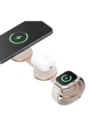 Energea AluMag Trio 3in1 Katlanabilir Qi2 Destekli 15W Telefon Saat Airpods Masaüstü Hızlı Şarj Standı - Gold