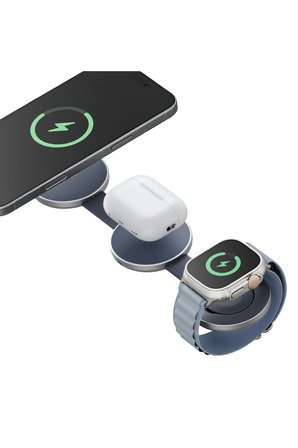 Energea AluMag Trio 3in1 Katlanabilir Qi2 Destekli 15W Telefon Saat Airpods Masaüstü Hızlı Şarj Standı - Mavi