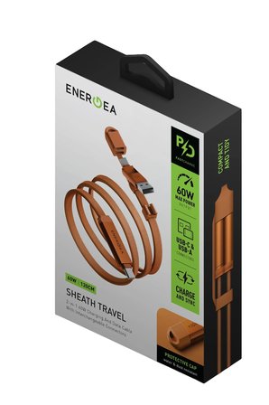 Energea Sheath Travel 1.2M 60W 2in1 Type-C to Type-C ve USB-A Hızlı Şarj Kablo - Turuncu