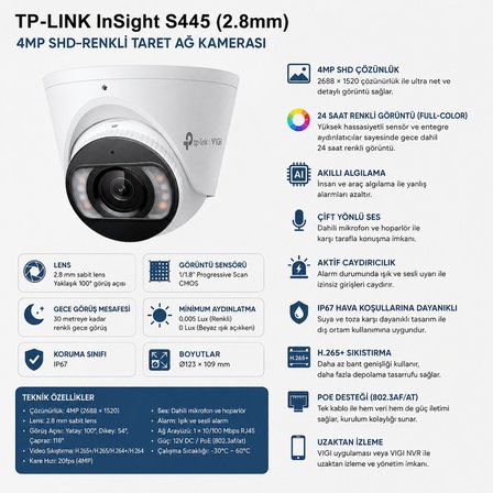 TP-LINK InSight S445 4MP Full Color IP Kamera 2.8mm Lens | AI İnsan Araç Algılama | Mikrofonlu Hoparlörlü | 30m Renkli Gece Görüşü | SD Kart Destekli | IP67 PoE Taret IP Güvenlik Kamerası