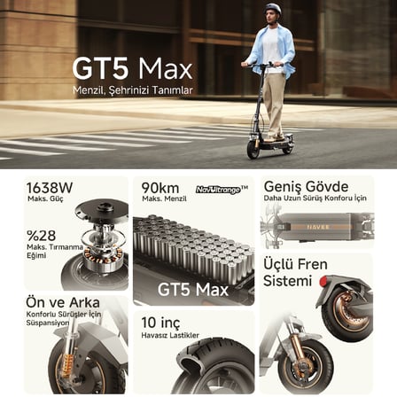 Gt5 Max Elektrikli Scooter - 1638W Güç, 28 Eğim, Çift Süspansiyon, 130 Kg Taşıma Kapasitesi, Tcs