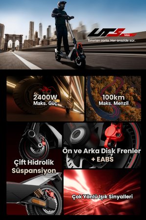 UT5 Max Elektrikli Scooter - 2400W Güç, 39 Eğim, Çift Hidrolik, 150 Kg Taşıma Kapasitesi, TCS, Find My