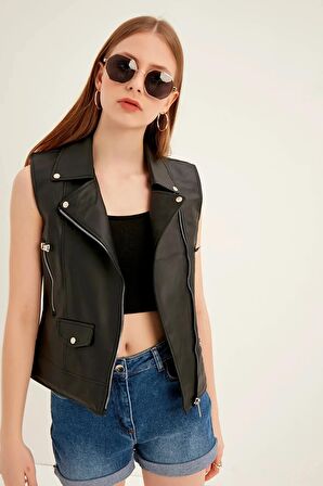Kadın Siyah Apoletli Crop Deri Ceket