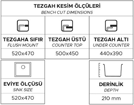 GRANİT EVİYE K005 GORDION 52 GRİ (52 X 47)