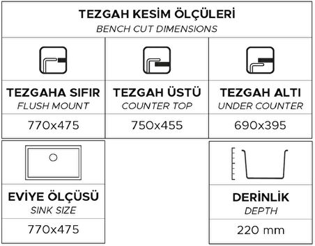 GRANİT EVİYE K013 GORDION 77 GRİ (77 X 47,5)