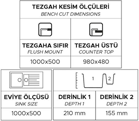 GRANİT EVİYE P005 TROYA 100 ANTRASİT (100 X 50)