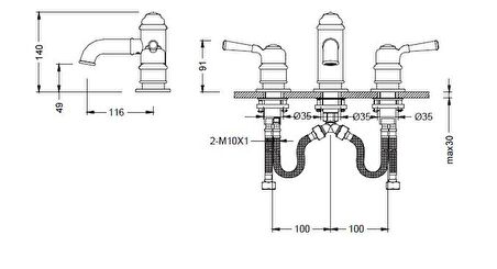 Bocchi Burlington Üç Delikli Lavabo Bataryası Krom 1004-0004