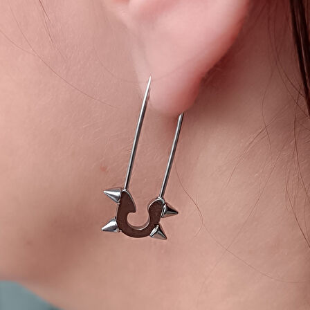 Kancalı İğne Şekilli Çelik Unisex Küpe Tek Adet El Yapımı Küpe