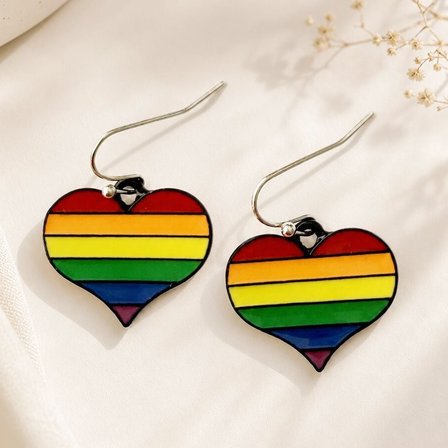 Kalp Gökkuşağı Pride Şekilli Mineli Kadın Küpe Çift Adet El Yapımı Küpe