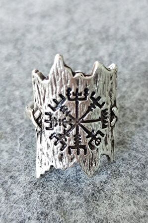 Viking Pusulası Şekilli Antik Gümüş Kaplama El Yapımı Ayarlanabilir Unisex Yüzük