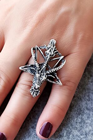 Pentagram Keçi Şekilli Erkek Yüzük Gümüş Kaplama Ayarlanabilir El Yapımı Erkek Yüzük