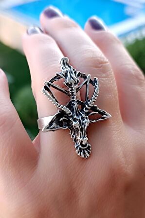 Pentagram Keçi Şekilli Erkek Yüzük Gümüş Kaplama Ayarlanabilir El Yapımı Erkek Yüzük