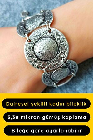 Dairesel Şekilli Motifli Kadın Bileklik Gümüş Kaplama Ayarlanabilir El Yapımı Bileklik