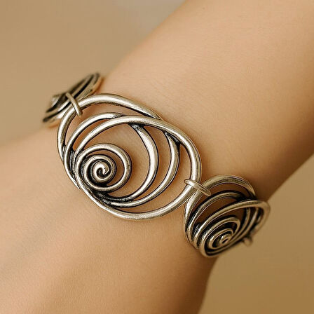 Geometrik Şekilli Kadın Bileklik Gümüş Kaplama Ayarlanabilir El Yapımı Bileklik