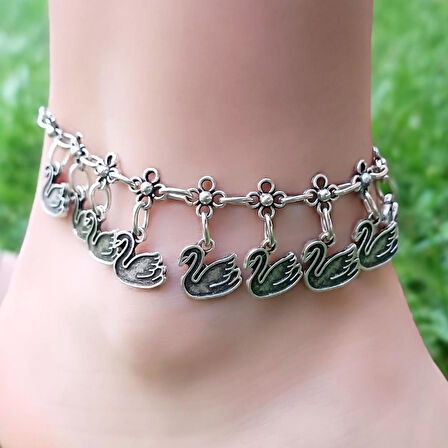 Kuğu Şekilli Kadın Halhal Gümüş Kaplama Ayarlanabilir El Yapımı Halhal