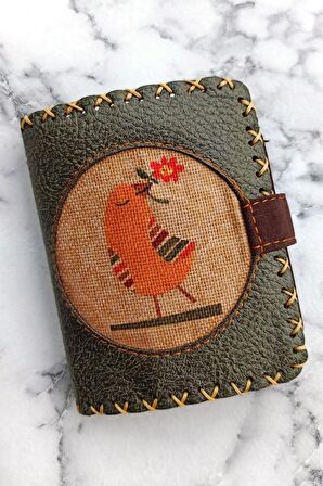 El Yapımı Kadın Cüzdan Vegan Deri Çiçekli Kuş Görselli Haki Renk