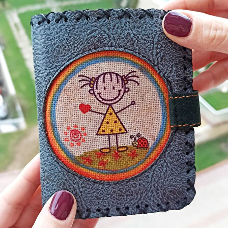 El Yapımı Kadın Cüzdan Vegan Deri Sevimli Kız Görselli Mavi Renk