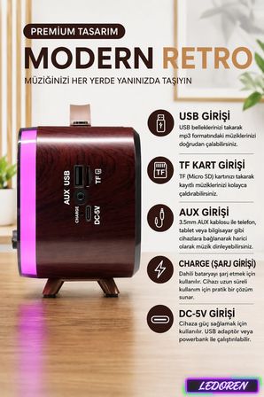 M-1315BT Retro Bluetooth Hoparlör Şarjlı Vintage Radyo Subwoofer Destekli FM/AM/SW USB TF Kart